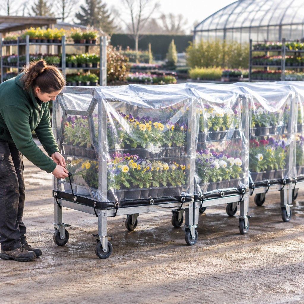 Nursery worker covering trolleys of bedding plants with a clear PVC tarpaulin