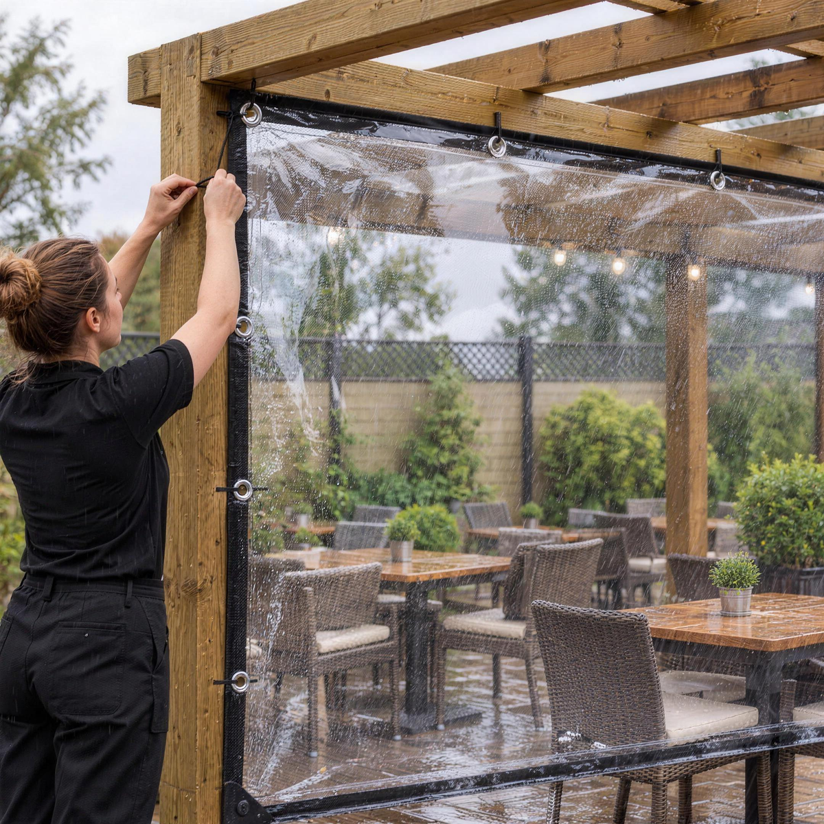 Staff member fixing a clear PVC tarpaulin as a weather screen along the side of a pub garden pergola