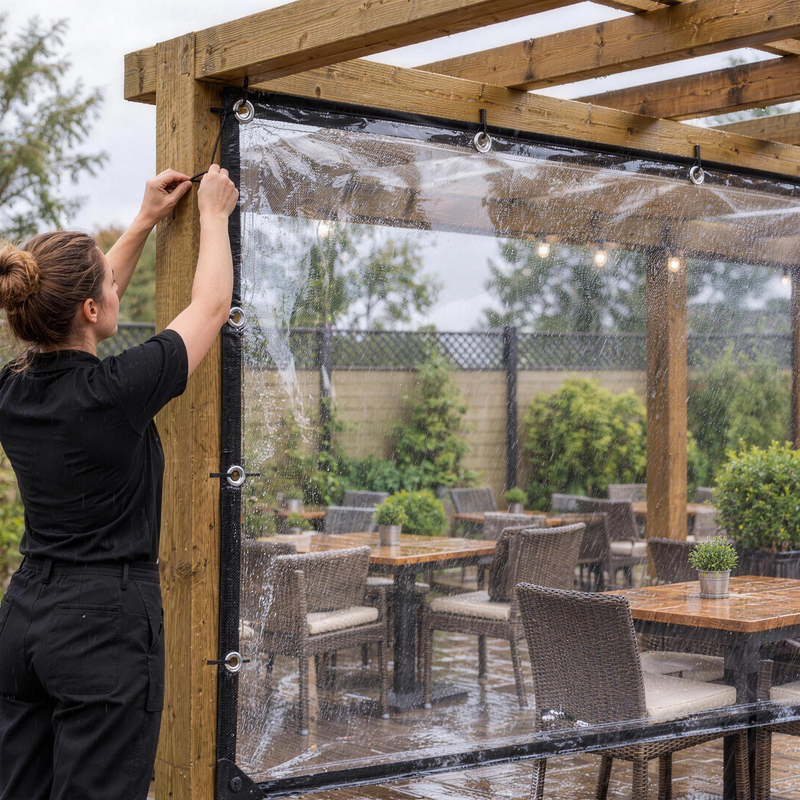 Staff member fixing a clear PVC tarpaulin as a weather screen along the side of a pub garden pergola