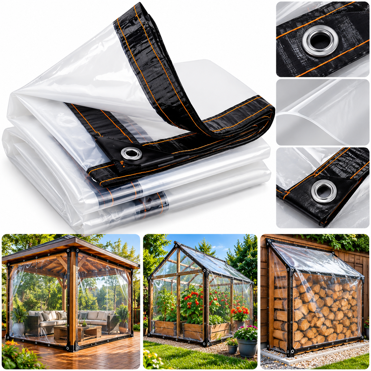 Clear PVC Tarpaulin 0.35mm Heavy Duty 400GSM Waterproof Transparent Tarp with Eyelets – Reinforced Outdoor Cover for Gazebo, Greenhouse, Chicken Coop & Garden Furniture