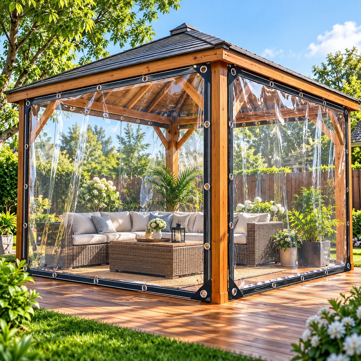 Clear PVC Tarpaulin 0.35mm Heavy Duty 400GSM Waterproof Transparent Tarp with Eyelets – Reinforced Outdoor Cover for Gazebo, Greenhouse, Chicken Coop & Garden Furniture
