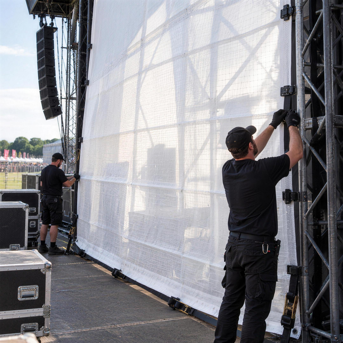 Event crew fixing a flame retardant white tarpaulin as a weather screen on a festival stage truss