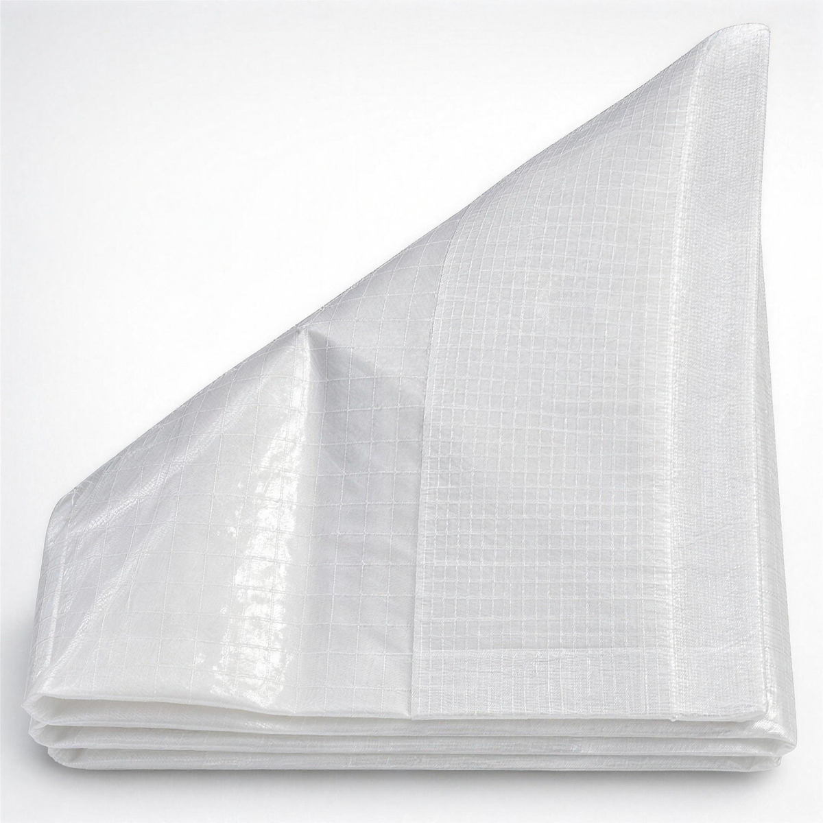 150gsm flame retardant white reinforced tarpaulin folded, showing the rope grid and eyelet band with guides every 10cm