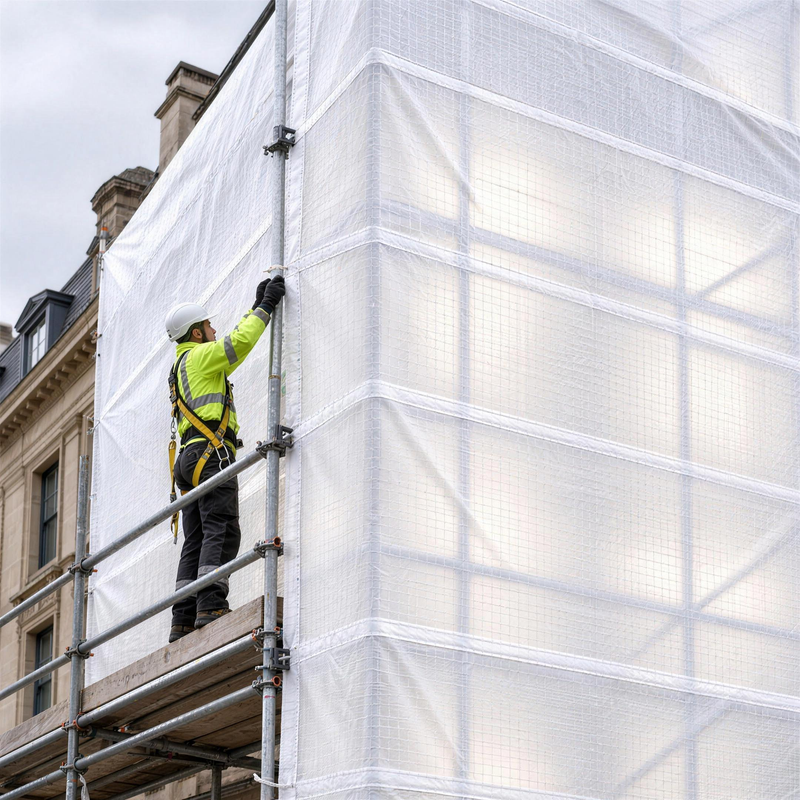 Scaffolder fixing 150gsm flame retardant white tarpaulin sheeting to a scaffold on a city commercial building refurbishment