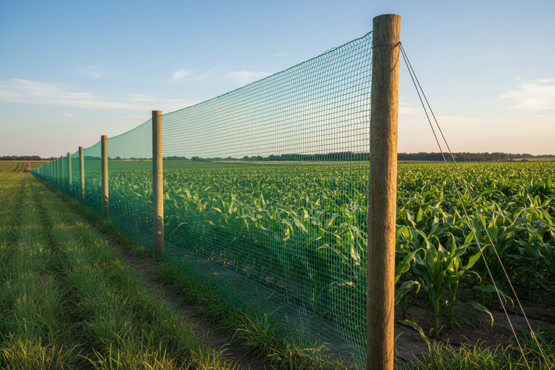 Green windbreak netting protecting farm crops