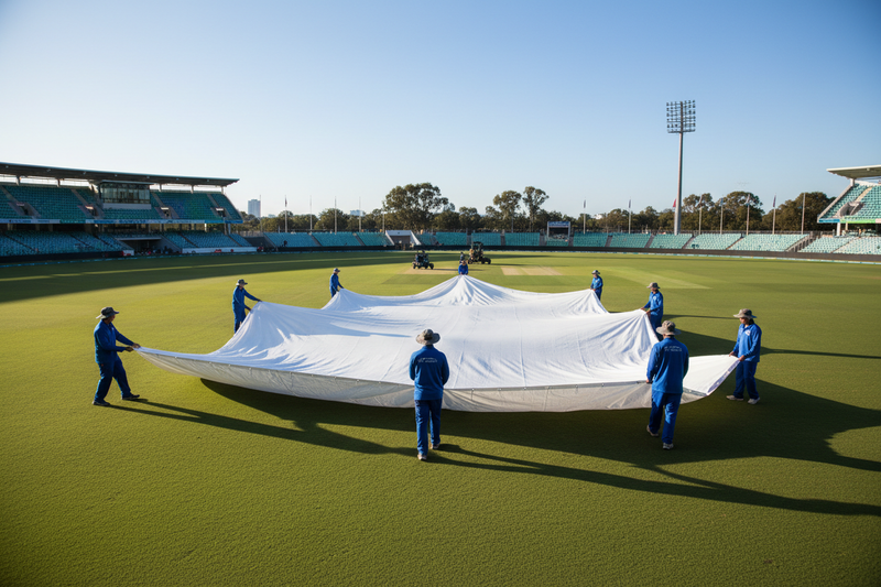 Groundskeepers spreading wicket cover on pitch