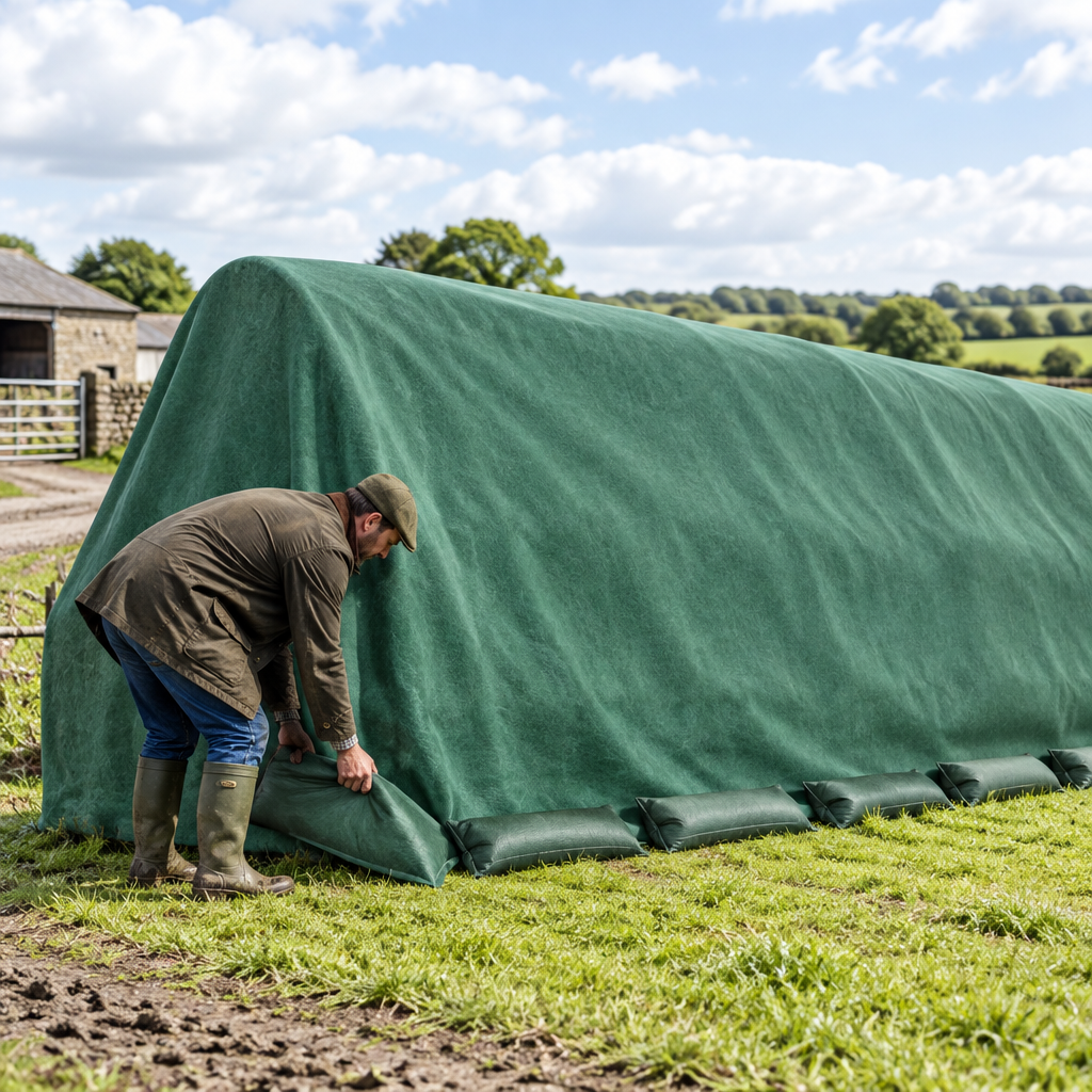 Farmer weighting a green non-woven haystack cover over a stack of round straw bales with sandbags