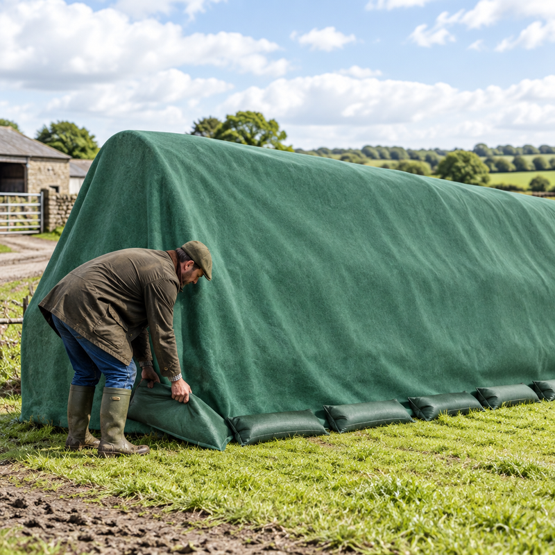 Farmer weighting a green non-woven haystack cover over a stack of round straw bales with sandbags