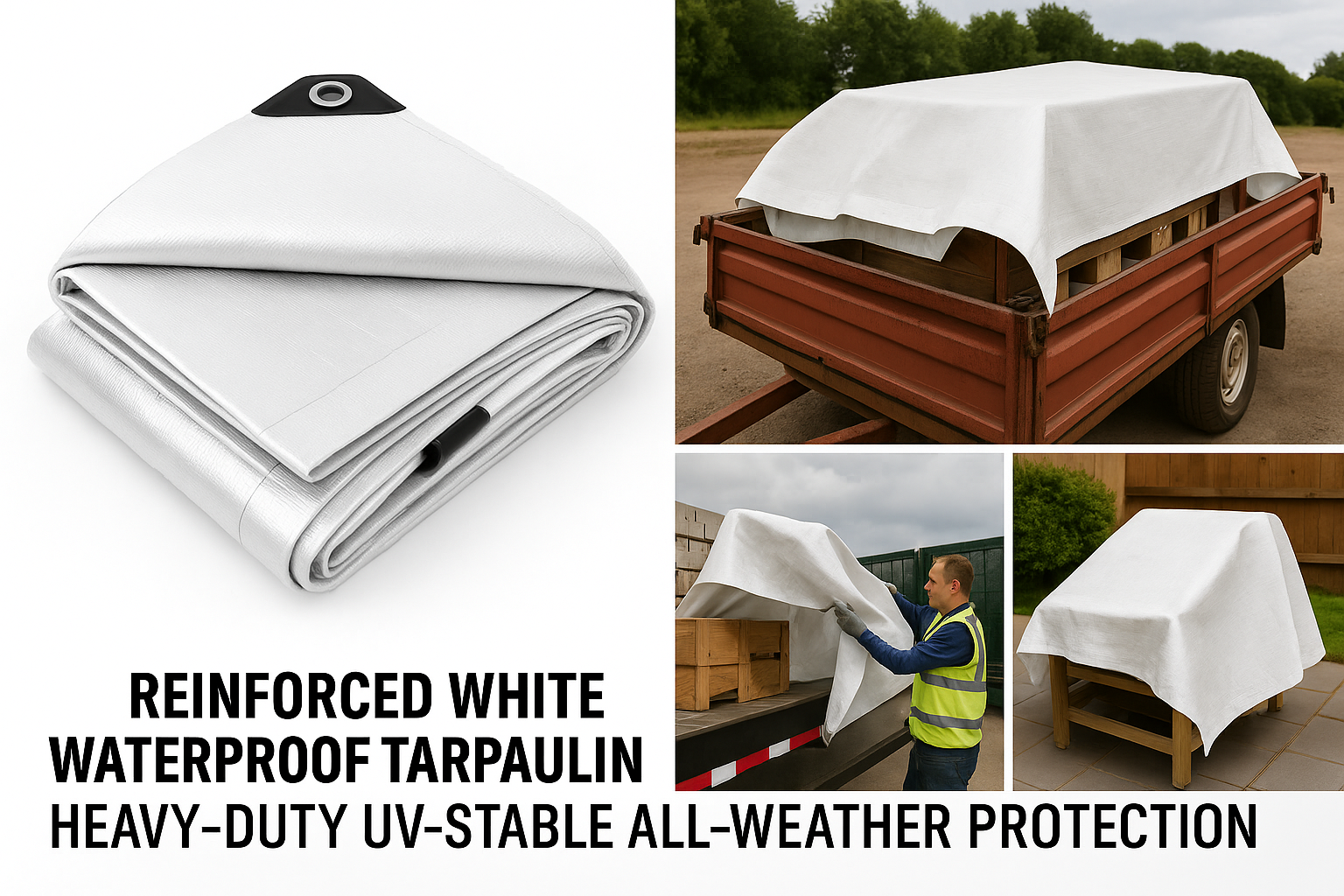 Heavy Duty Reinforced White Waterproof Tarpaulin – UV-Stable All-Weather Cover (105 GSM) | Heavy-Duty Poly Sheet with Metal Eyelets & Reinforced Corners – Industrial, Garden & Construction Use