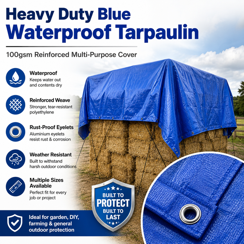 Heavy Duty Blue Waterproof Tarpaulin 100gsm – Reinforced Multi-Purpose Cover Sheet with Metal Eyelets for Outdoor Protection
