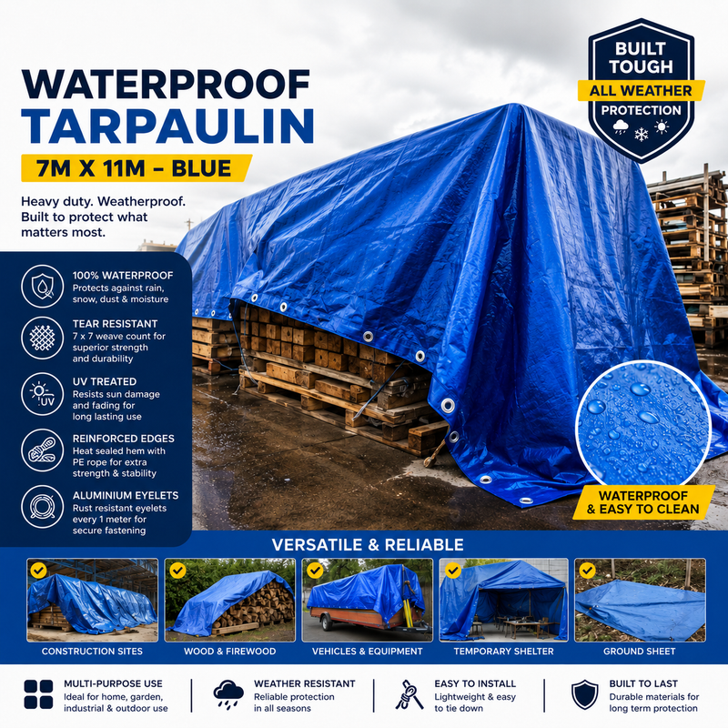 Heavy-Duty Waterproof Tarpaulin 7m x 11m (23ft x 36ft) | Reinforced HDPE Tarp with Aluminium Eyelets - Blue