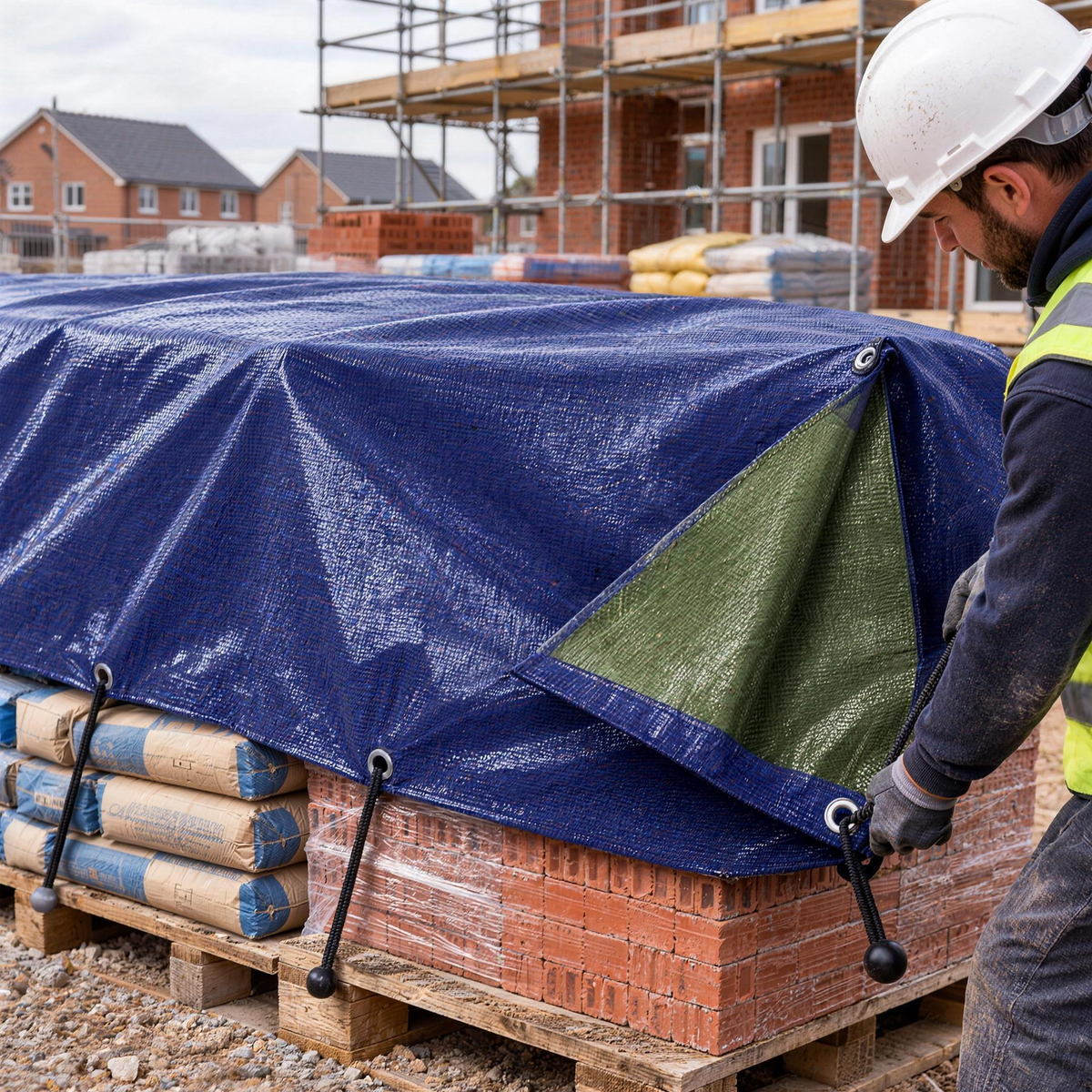 Blue and olive green reversible 110gsm tarpaulin covering pallets of bricks and cement on a building site, a builder fixing it with ball bungees through the eyelets
