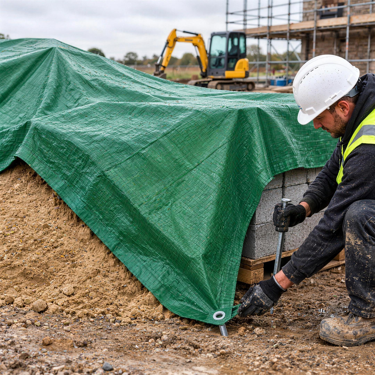 Green 80gsm economy tarpaulin covering a sand heap and pallet of blocks on a building site, a builder pegging it down through an eyelet