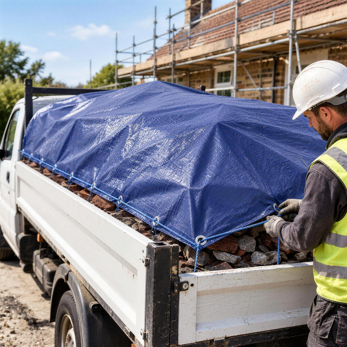 Blue 80gsm economy tarpaulin sheeted over a tipper pickup load of roof tiles and rubble, a tradesman roping it through the eyelets