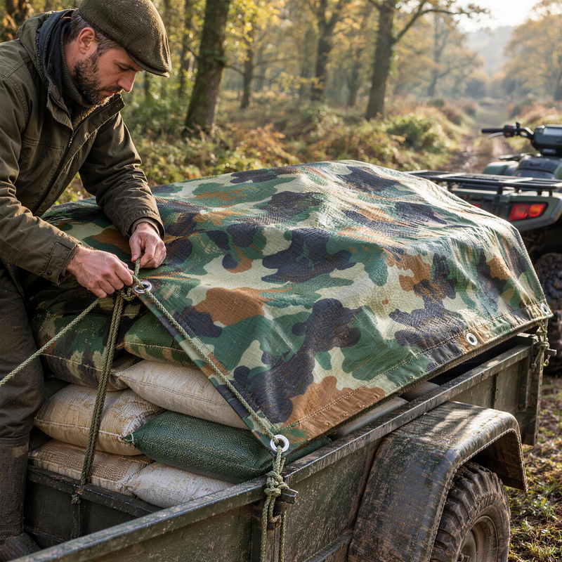 Gamekeeper roping an 80gsm camouflage tarpaulin over feed sacks on a quad bike trailer on a shooting estate
