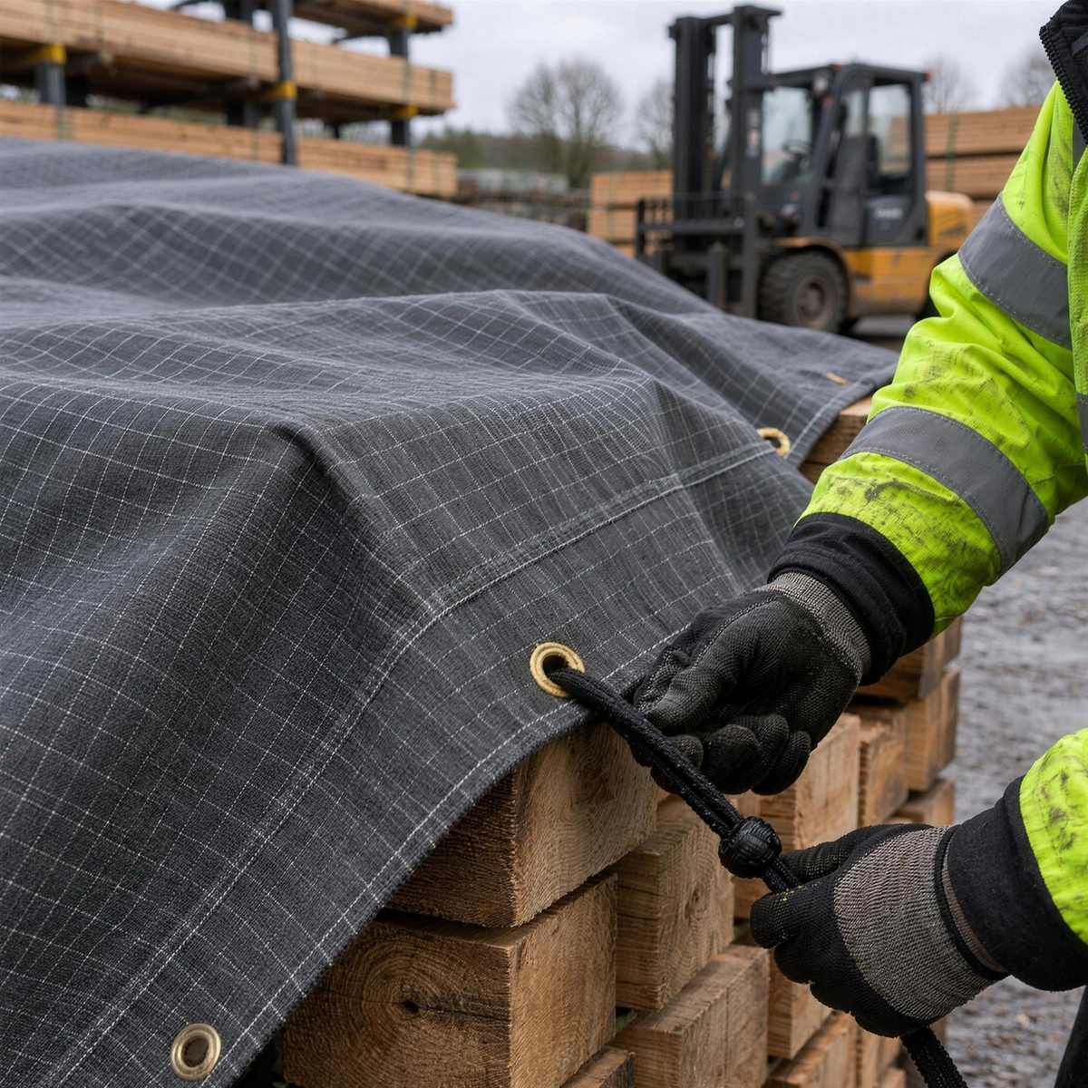 Grey 17oz ripstop canvas tarpaulin covering oak beams in a timber merchant's yard, a worker fixing a bungee through a brass eyelet