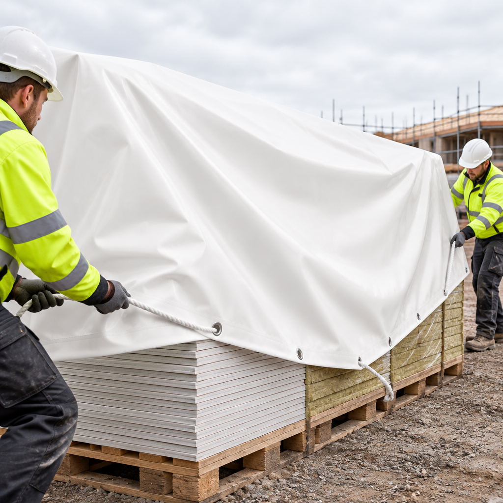 Site workers pulling a heavy-duty white 650gsm PVC-coated canvas tarpaulin over pallets of plasterboard