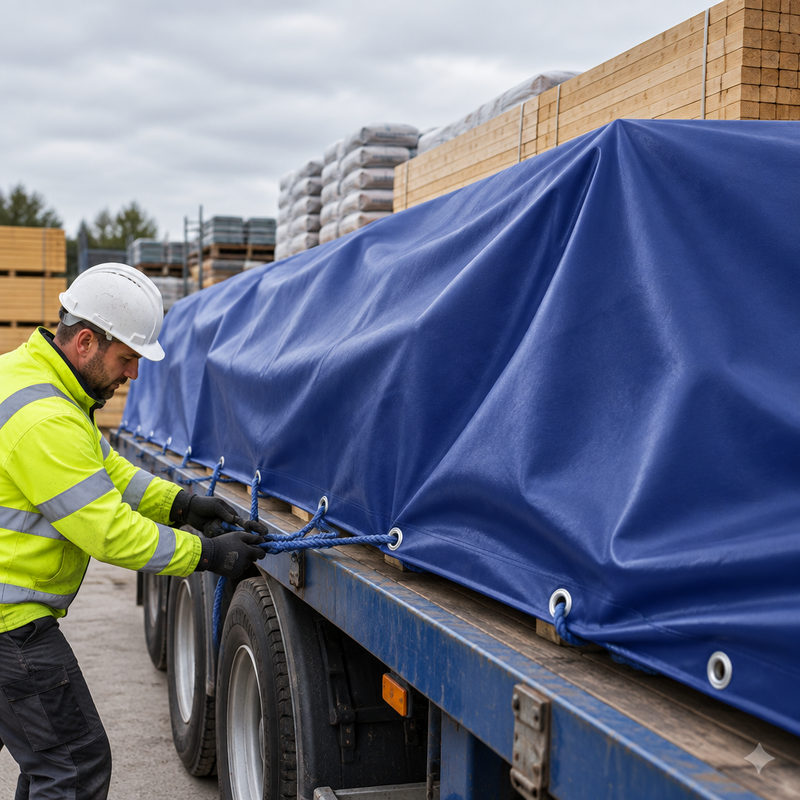 Builders merchant worker tying a heavy-duty blue 650gsm PVC-coated canvas tarpaulin over a flatbed trailer load of timber