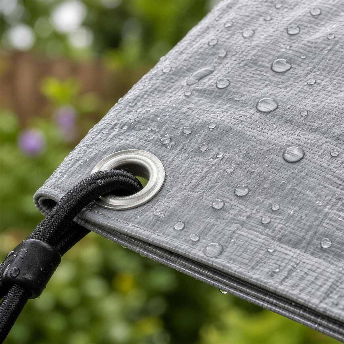 Close-up of the light grey tarpaulin weave, rope-reinforced hem and aluminium eyelet with a bungee