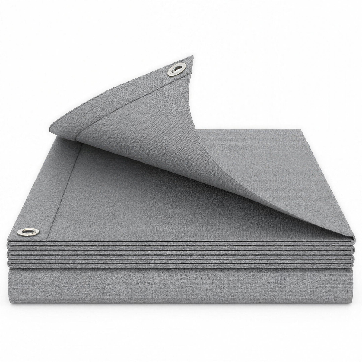 Light grey tarpaulin folded, showing the woven texture, rope-reinforced hem and aluminium eyelets