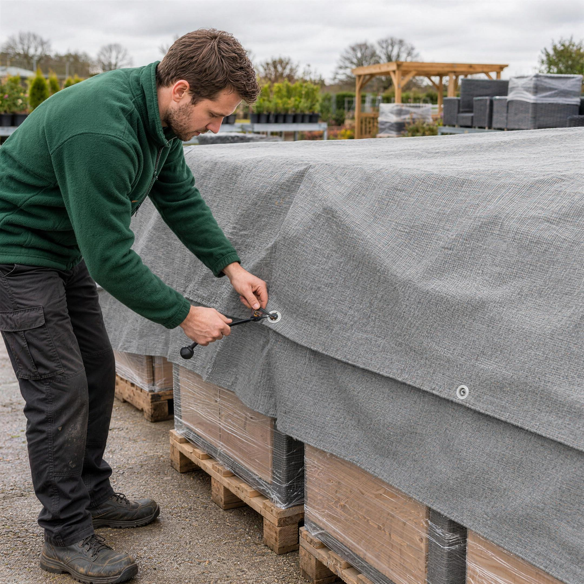Garden centre staff tying a light grey tarpaulin over pallets of garden furniture stock through its aluminium eyelets