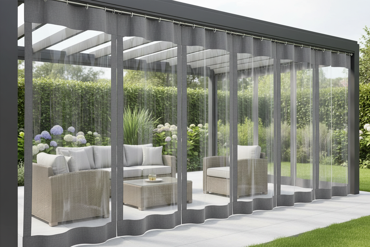 Multiple curtain panels with grey reinforced hems visible