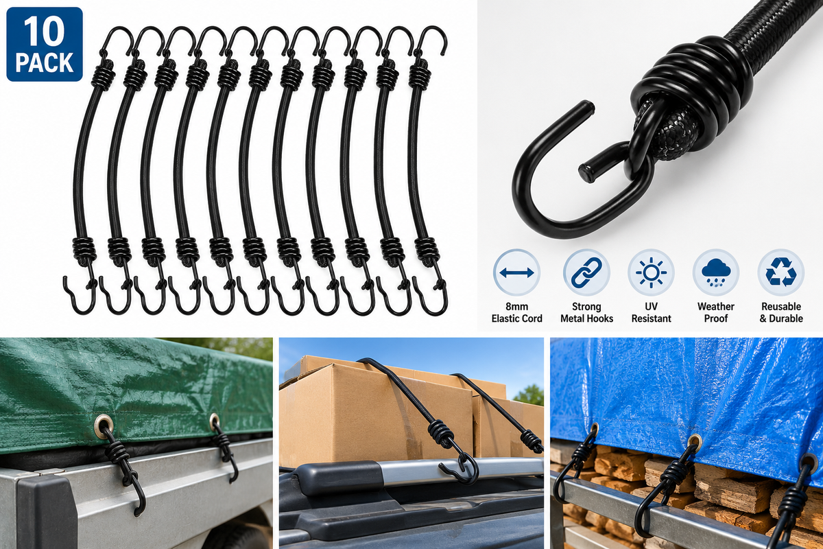 Heavy Duty Bungee Cords with Metal Hooks – 10 Pack | 8mm Elastic Tie Down Straps