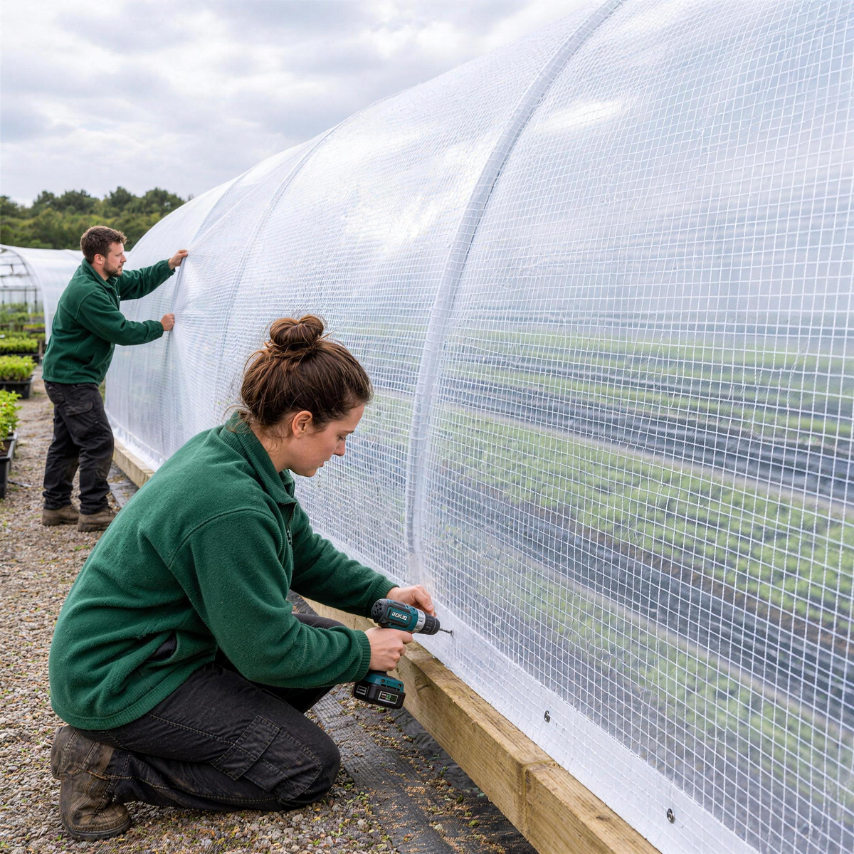 Nursery growers fixing a white 260gsm leno reinforced sheet over a polytunnel through the holes in its woven fixing belt