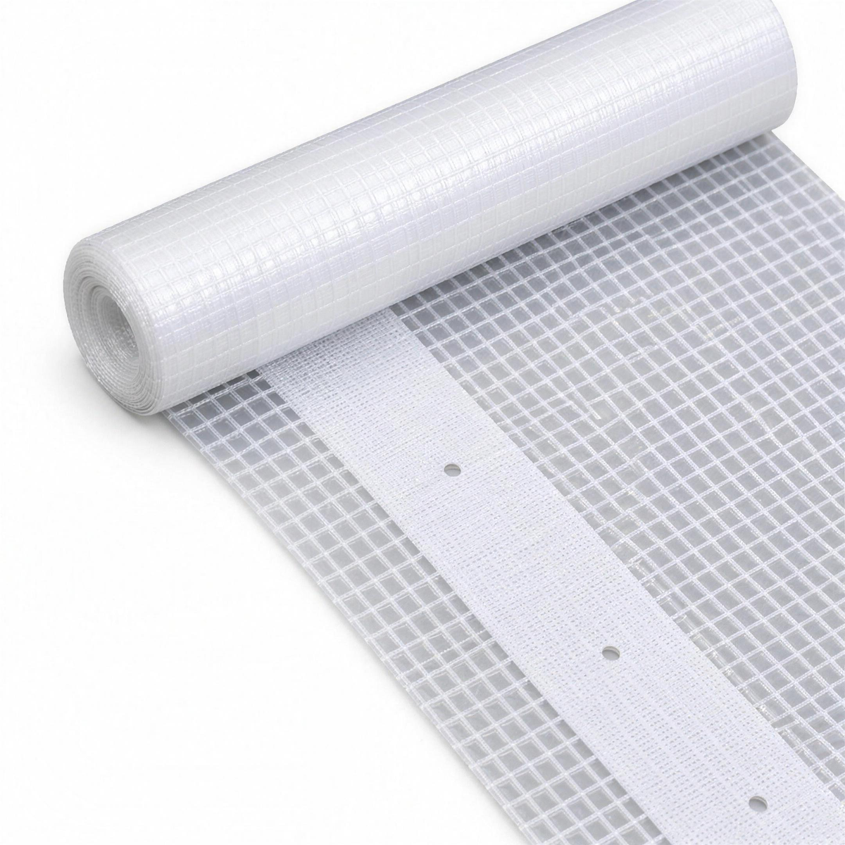 Roll of white 260gsm leno tarpaulin showing the reinforcing mesh and the woven fixing belt with holes every 10cm