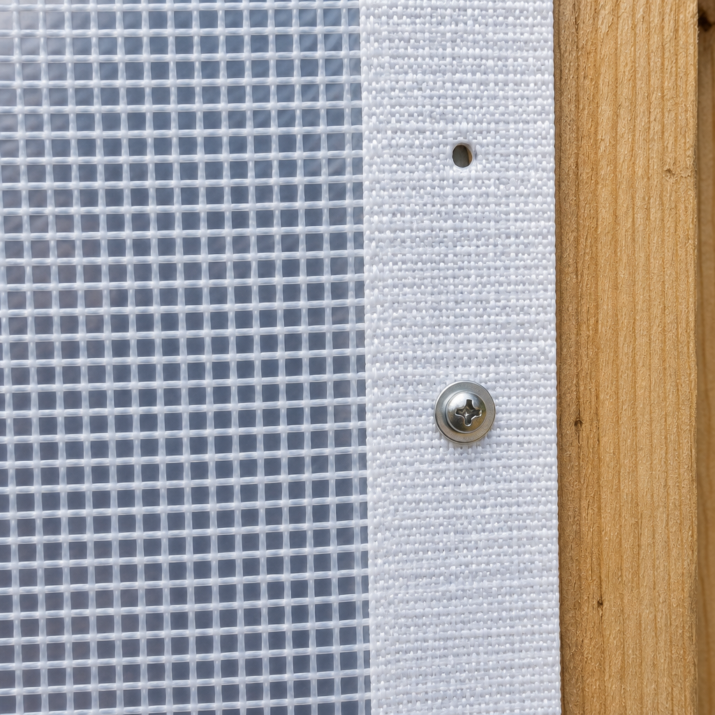 Close-up of the white leno tarpaulin mesh and woven fixing belt with a screw through a fixing hole