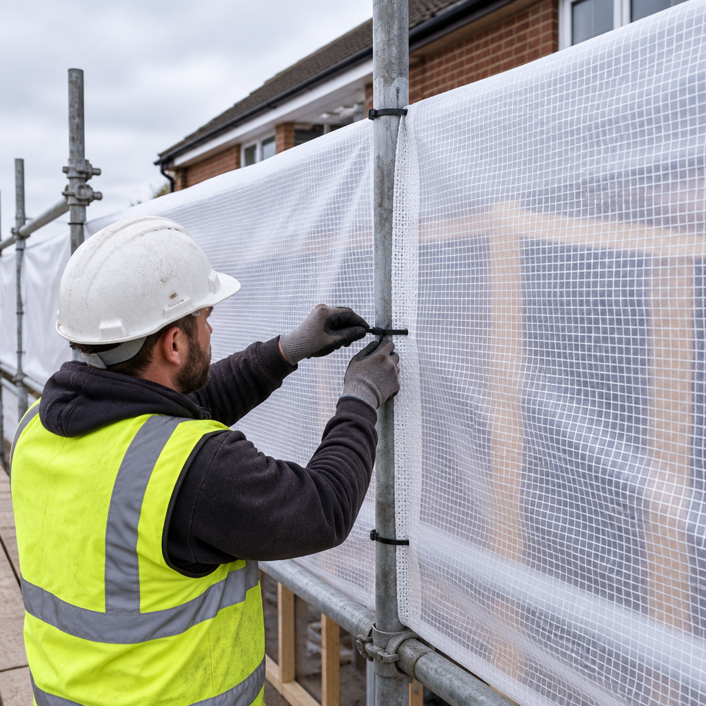 Builder fixing a white leno reinforced sheet as a weather cover over a scaffold-framed extension