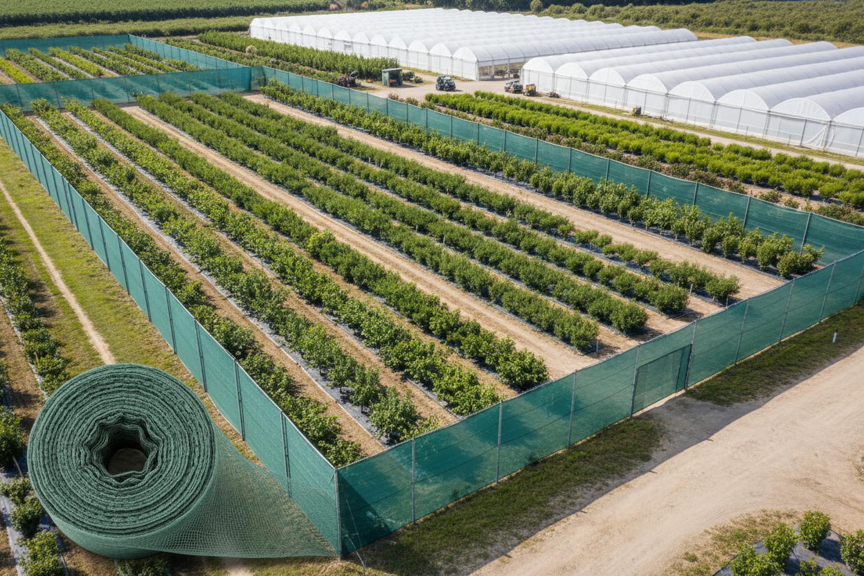 Windbreak netting protecting nursery plants and polytunnels